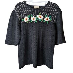 Vintage Susan Bristol 90s Hand Embroidered Floral Short Sleeve Sweater Size L